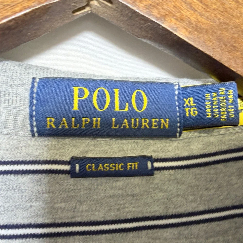 Polo Ralph Lauren Mens XL Classic Fit Gray Navy Striped Short Sleeve Polo Shirt